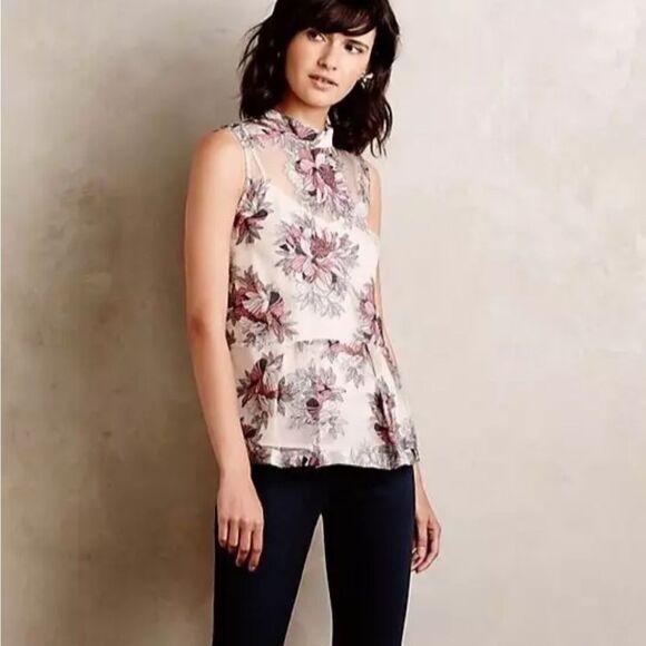 Moulinette Soeurs Anthropologie Terrace Blush Floral Sheer Peplum Top Cream Sz 2 - Picture 3 of 11